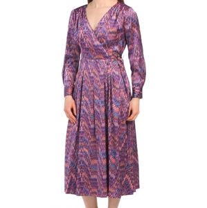Tahari ASL V-Neck Long Sleeve Printed Satin Georgette Midi Dress,size 10, EuC